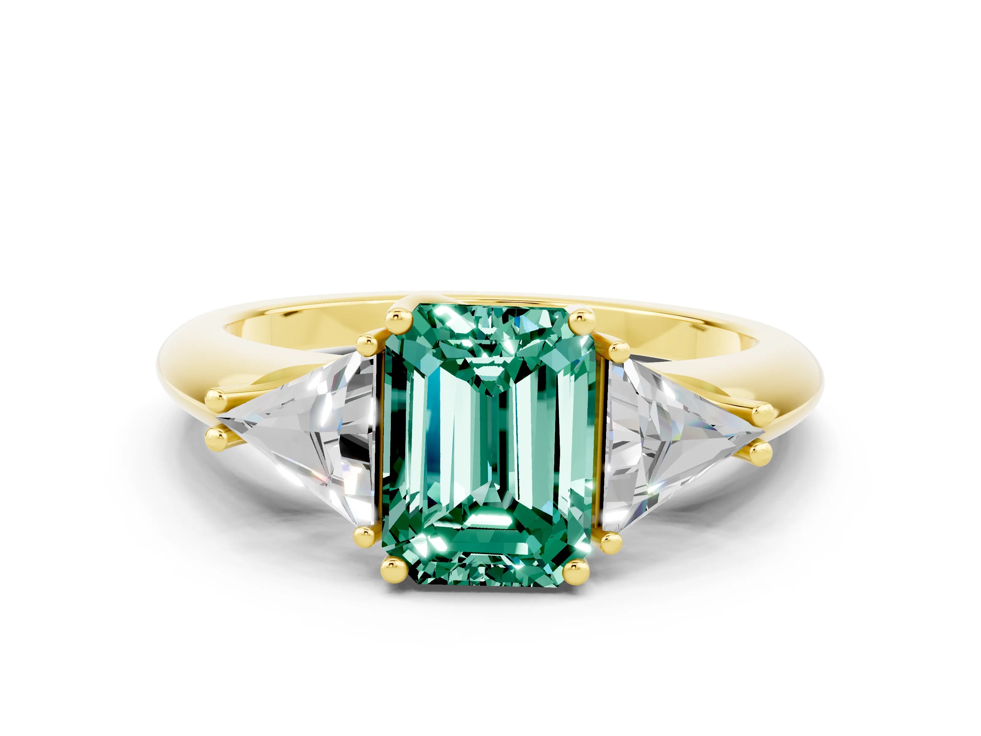 Yellow gold Three-Stone Emerald Cut Cut Diamond Ring with Trillion Side Stones and Four-Prong Setting