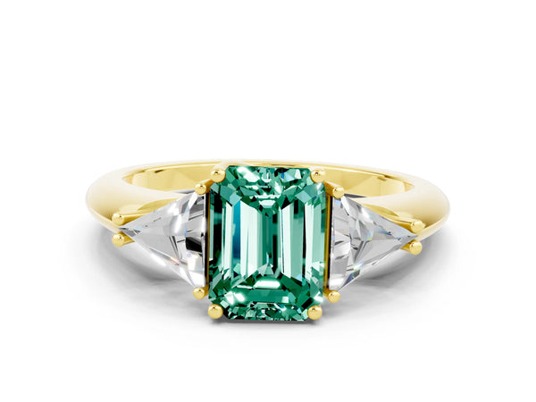 Yellow gold Three-Stone Emerald Cut Cut Diamond Ring with Trillion Side Stones and Four-Prong Setting
