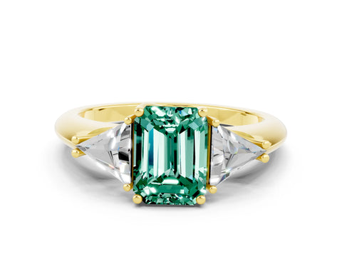 Yellow gold Three-Stone Emerald Cut Cut Diamond Ring with Trillion Side Stones and Four-Prong Setting