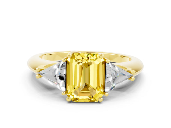 Yellow gold Three-Stone Emerald Cut Yellow Sapphire Engagement Ring with Trillion Side Stones and Prong Setting