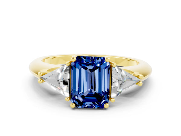 Yellow gold Three-Stone Emerald Cut Blue Sapphire Engagement Ring with Trillion Side Stones and Prong Setting