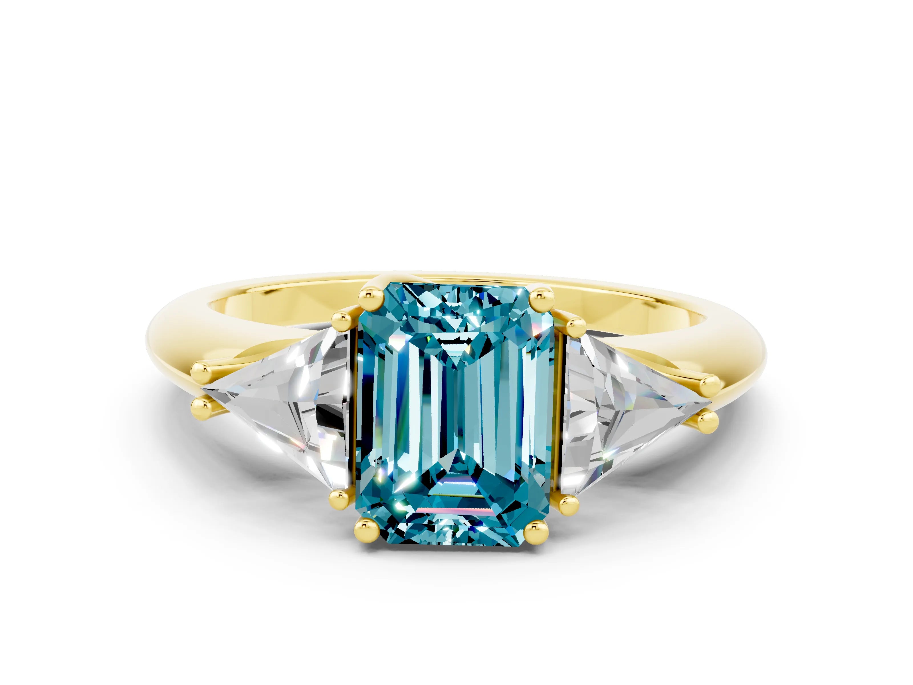 Yellow gold Three-Stone Emerald Cut Cut Diamond Ring with Trillion Side Stones and Four-Prong Setting