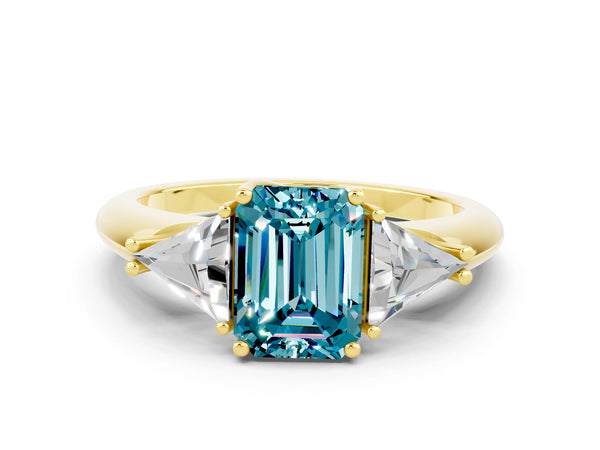 Yellow gold Three-Stone Emerald Cut Cut Diamond Ring with Trillion Side Stones and Four-Prong Setting