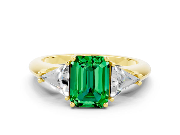 Yellow gold Three-Stone Emerald Cut Emerald Engagement Ring with Trillion Side Stones and Prong Setting