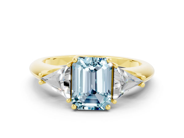 Yellow gold Three-Stone Emerald Cut Aquamarine Engagement Ring with Trillion Side Stones and Prong Setting