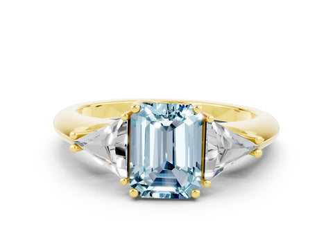Yellow gold Three-Stone Emerald Cut Cut Diamond Ring with Trillion Side Stones and Four-Prong Setting