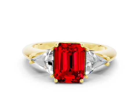 Yellow gold Three-Stone Emerald Cut Cut Diamond Ring with Trillion Side Stones and Four-Prong Setting