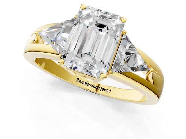 Yellow Gold Emerald Cut Trillion Three Stone Engagement Ring Setting