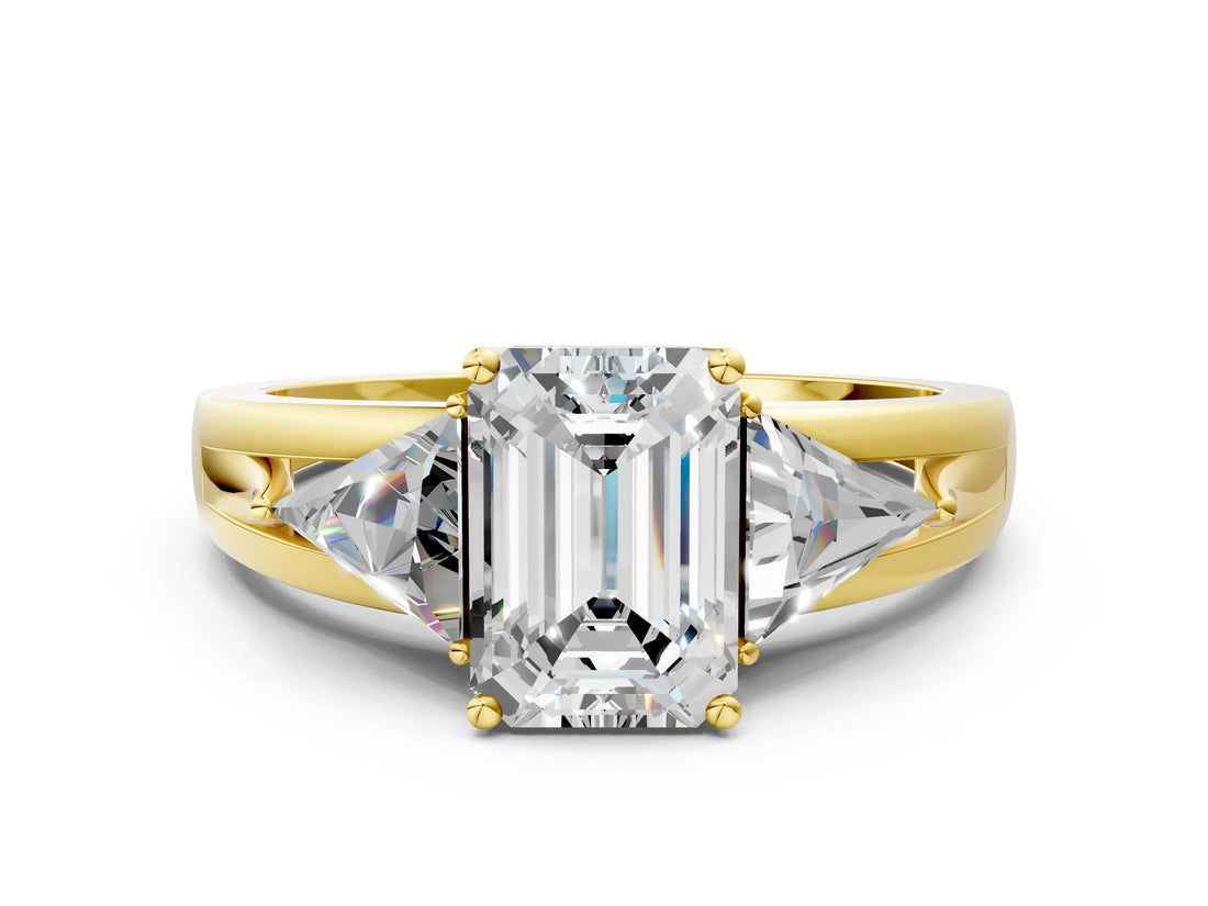 Yellow gold Three-Stone Emerald Cut Cut Diamond Ring with Trillion Side Stones on a Split Shank Band_9