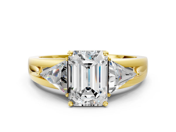 Yellow Gold Emerald Cut Trillion Three Stone Engagement Ring Setting
