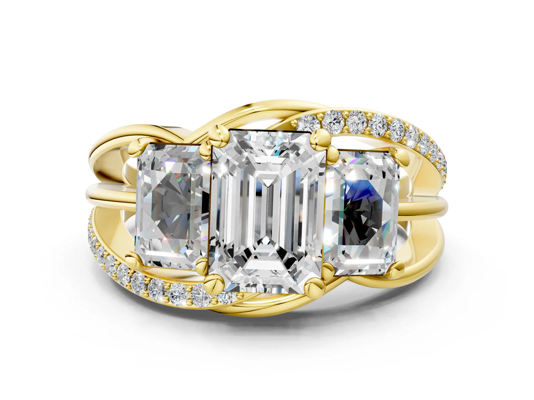 Yellow gold Three-Stone Emerald Cut Cut Diamond Split Shank Prong Set Ring_19