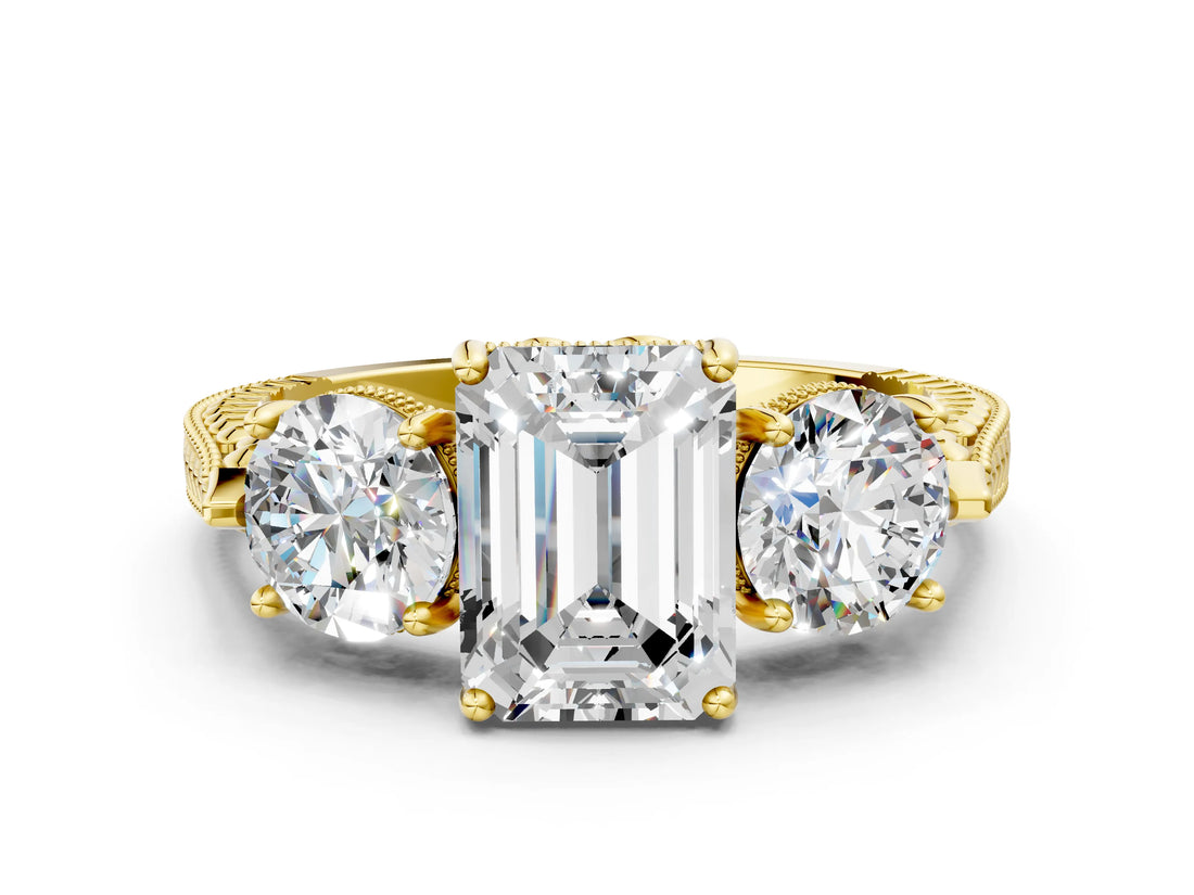 Yellow gold Three-Stone Emerald Cut Cut Milgrain Band Prong Setting Ring_25