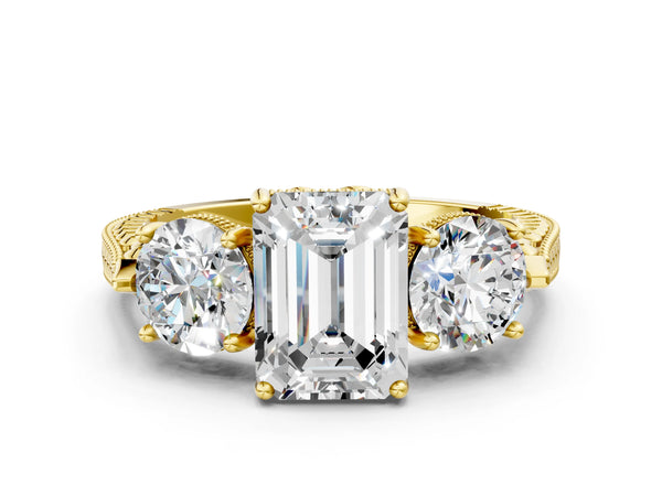 Yellow Gold Emerald Cut Vintage Three Stone Engagement Ring Setting