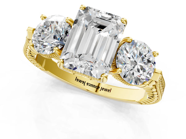 Yellow Gold Emerald Cut Vintage Three Stone Engagement Ring Setting