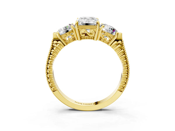 Yellow Gold Emerald Cut Vintage Three Stone Engagement Ring Setting