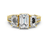 Yellow gold Three-Stone Emerald Cut Cut Milgrain Pavé Engagement Ring_3