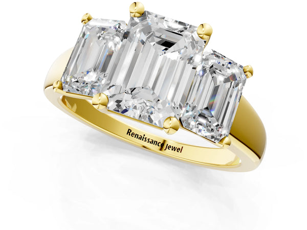 Yellow gold Three-Stone Emerald Cut Cut Solitaire Ring with Classic Prong Setting