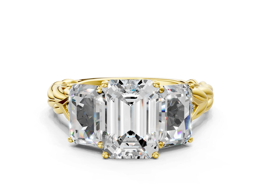 Yellow gold Three-Stone Emerald Cut Diamond Braided Band Ring with Four-Prong Setting_90