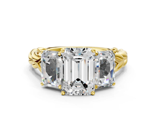 Yellow gold Three-Stone Emerald Cut Diamond Braided Band Ring with Four-Prong Setting