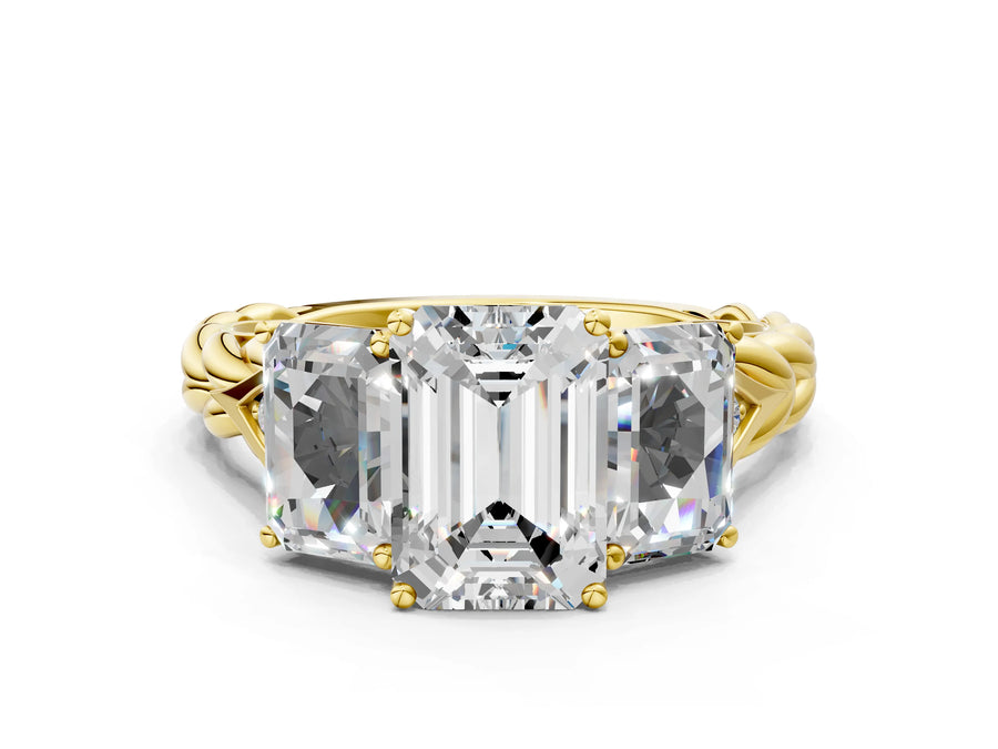 Yellow gold Three-Stone Emerald Cut Diamond Braided Band Ring with Four-Prong Setting