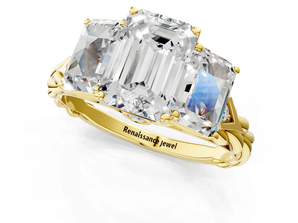 Yellow gold Three-Stone Emerald Cut Diamond Braided Band Ring with Four-Prong Setting