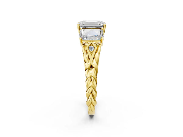 Yellow gold Three-Stone Emerald Cut Diamond Braided Band Ring with Four-Prong Setting