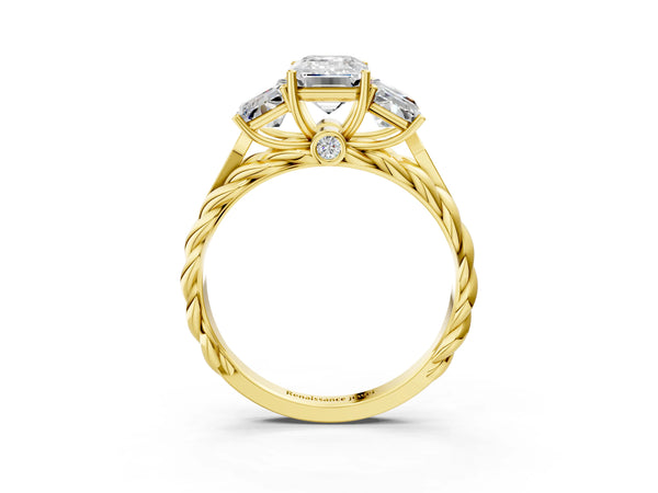 Yellow gold Three-Stone Emerald Cut Diamond Braided Band Ring with Four-Prong Setting