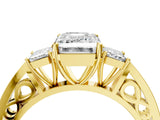 Yellow gold Three-Stone Emerald Cut Diamond Cathedral Engagement Ring with Prong Setting_10