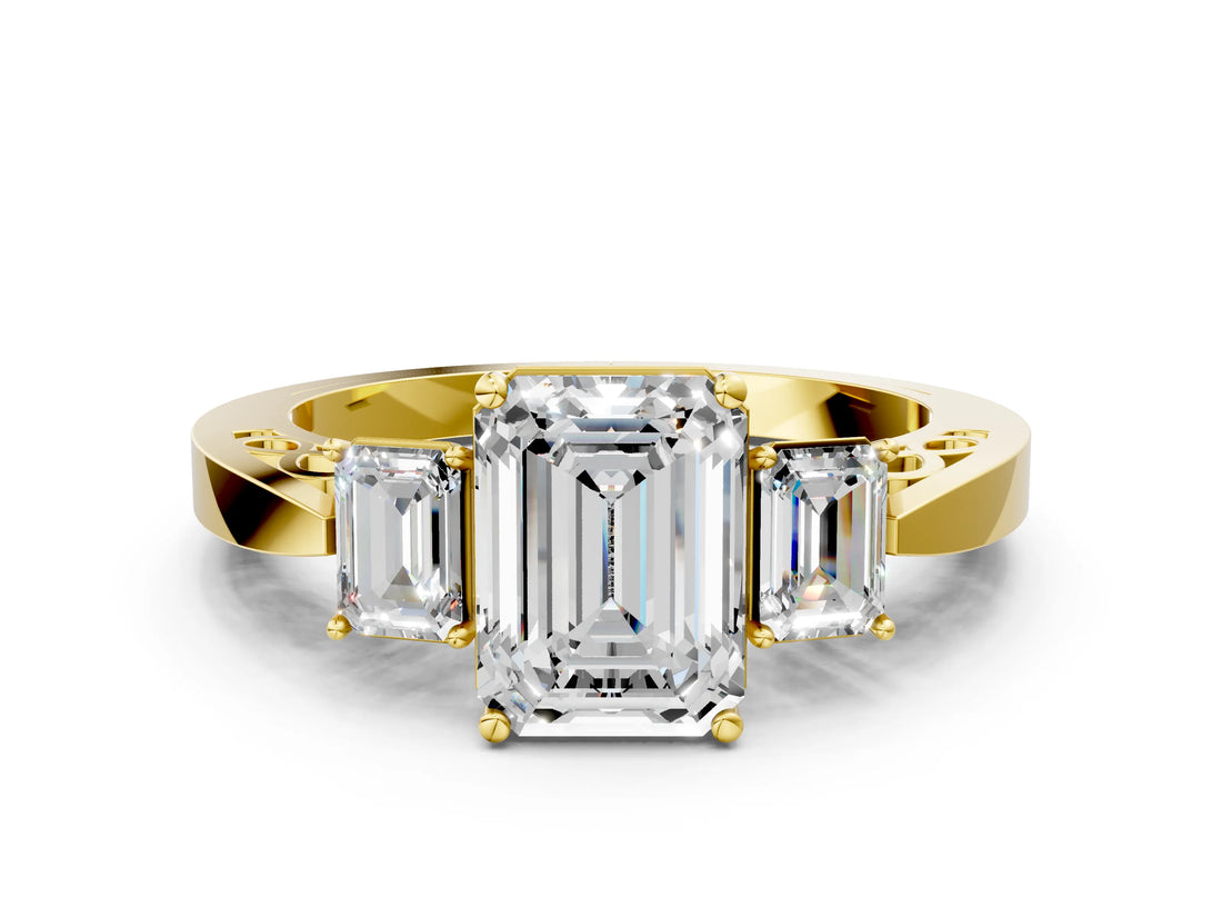 Yellow gold Three-Stone Emerald Cut Diamond Cathedral Engagement Ring with Prong Setting_6