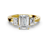 Yellow gold Three-Stone Emerald Cut Diamond Cathedral Engagement Ring with Prong Setting_6