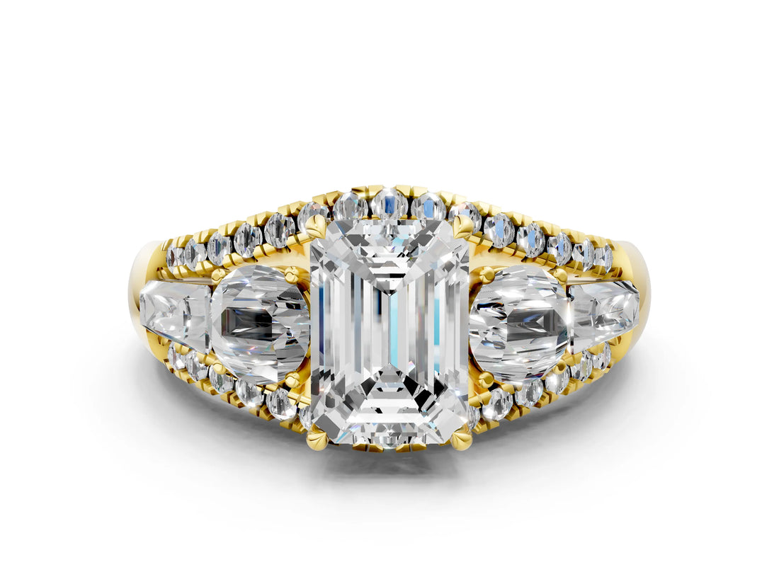 Yellow gold Three-Stone Emerald Cut Diamond Engagement Ring with Pave Band and Prong Setting_14