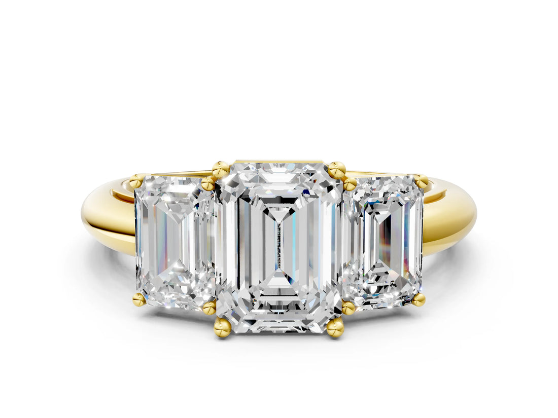 Yellow gold Three-Stone Emerald Cut Diamond Engagement Ring with Prong Setting on a White Gold Band_42