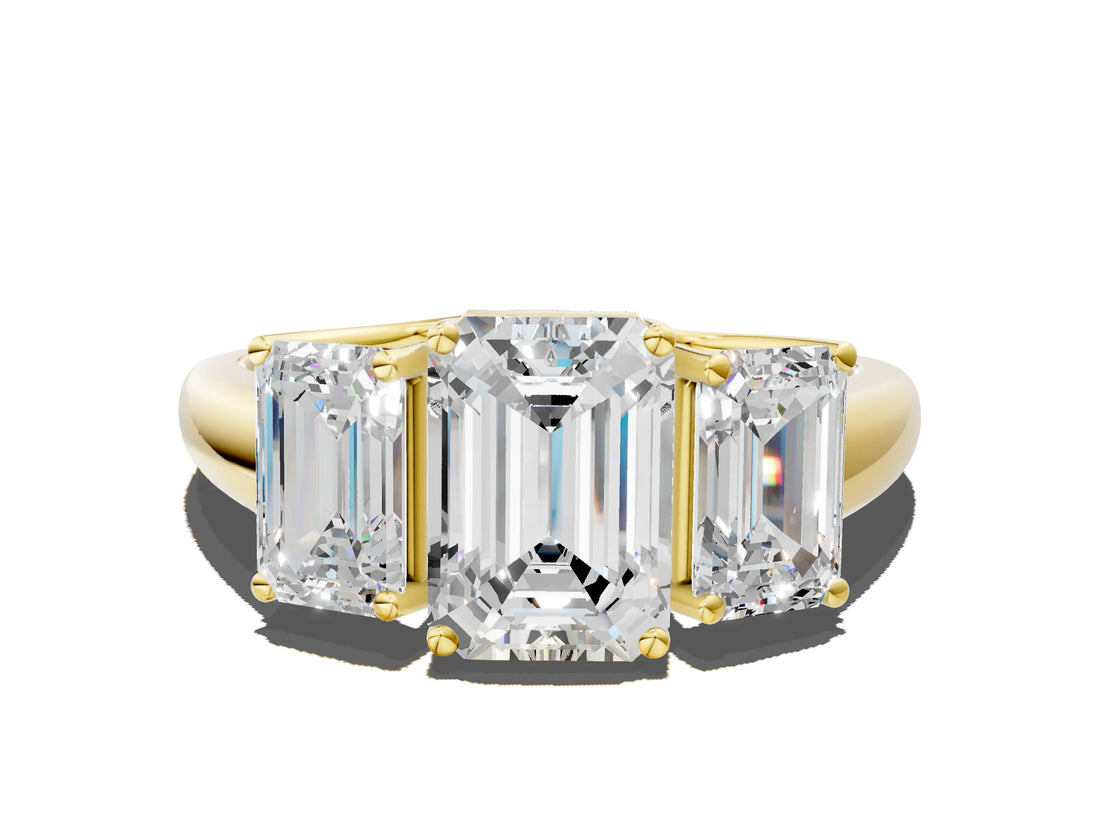 Yellow gold Three-Stone Emerald Cut Diamond Engagement Ring with Prong Setting_3