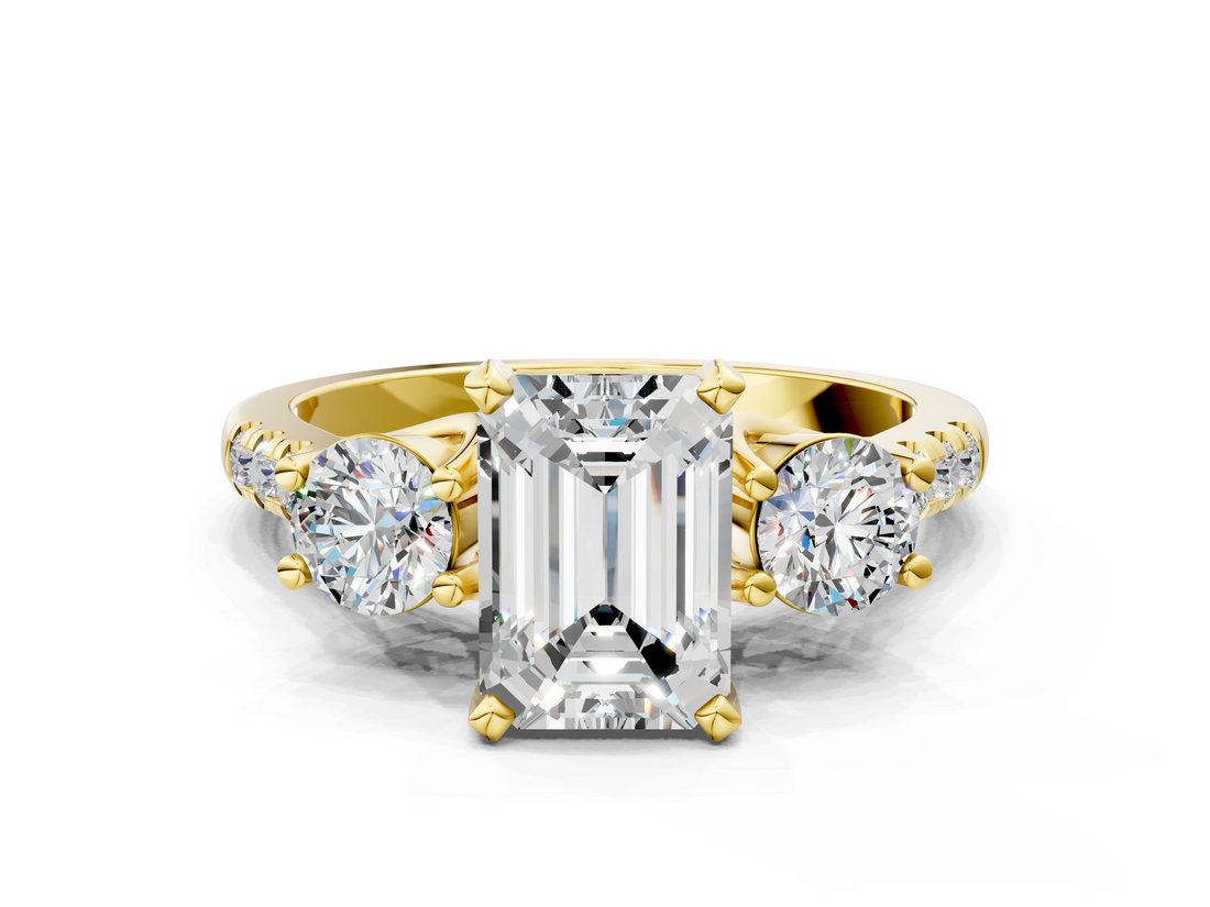 Yellow gold Three-Stone Emerald Cut Diamond Pavé Band with Four-Prong Setting_46