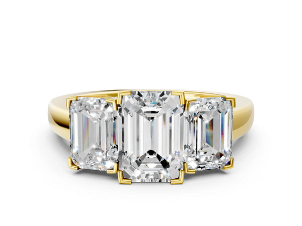 Yellow gold Three-Stone Emerald Cut Diamond Ring with Channel Set Band and Four-Prong Setting