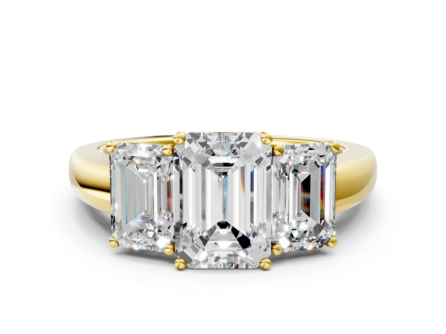 Yellow gold Emerald Cut Diamond Three-Stone Ring with Four-Prong Setting and Classic Band