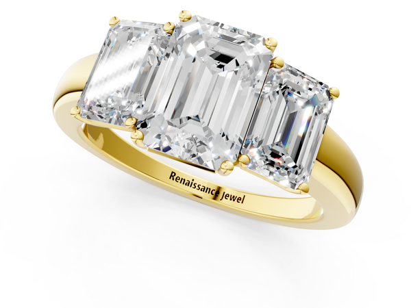 Yellow gold Emerald Cut Diamond Three-Stone Ring with Four-Prong Setting and Classic Band
