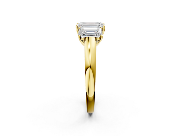 Yellow gold Emerald Cut Diamond Three-Stone Ring with Four-Prong Setting and Classic Band