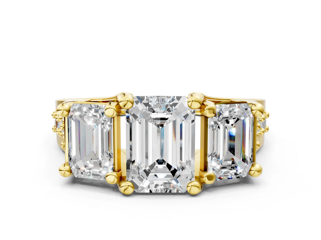 Yellow gold Three-Stone Emerald Cut Diamond Ring with Channel-Set Band and Four-Prong Setting_64
