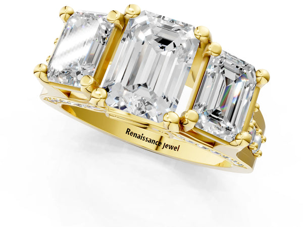 Yellow Gold Emerald Cut Three Stone Pave Engagement Ring Setting with Near-Equal Side Stones