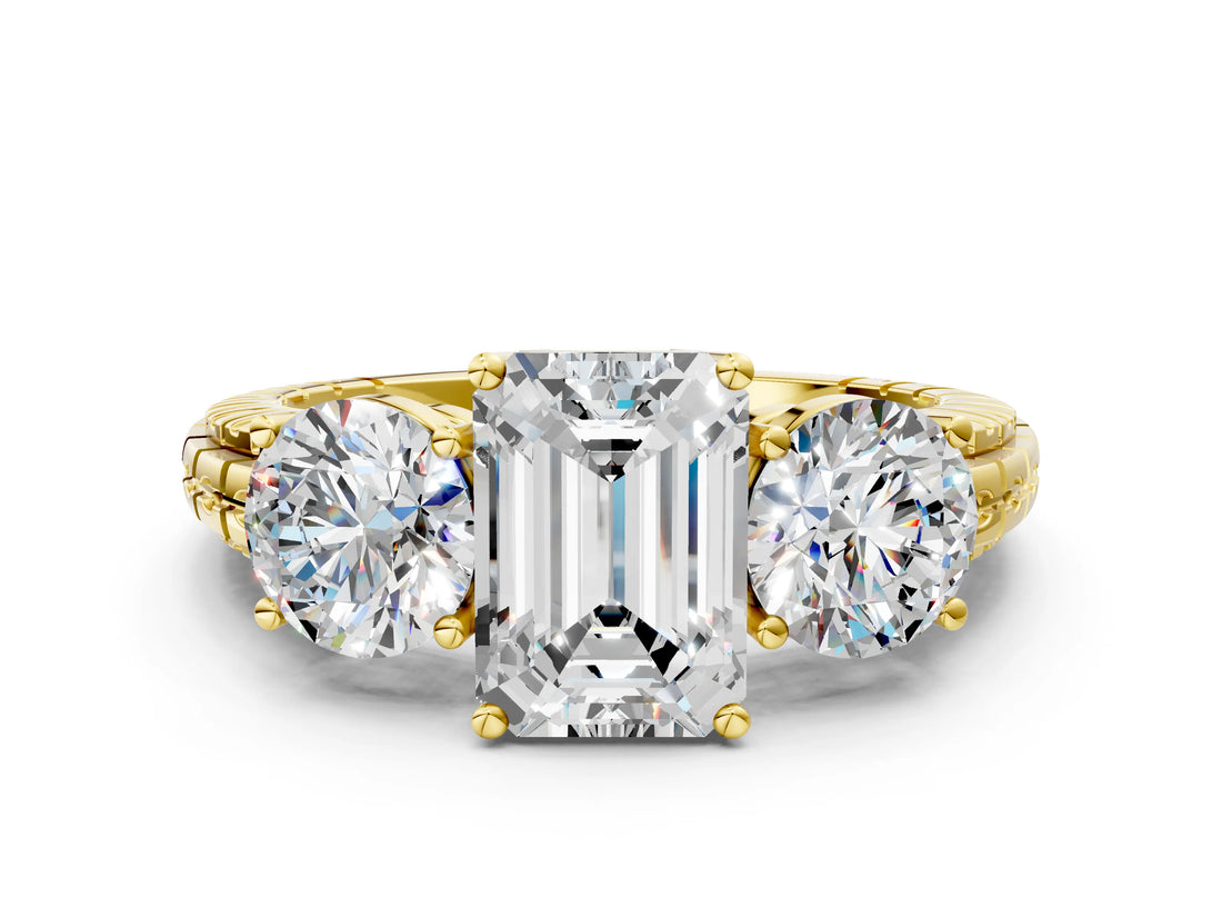 Yellow gold Three-Stone Emerald Cut Diamond Ring with Channel-Set Band and Prong Setting_6