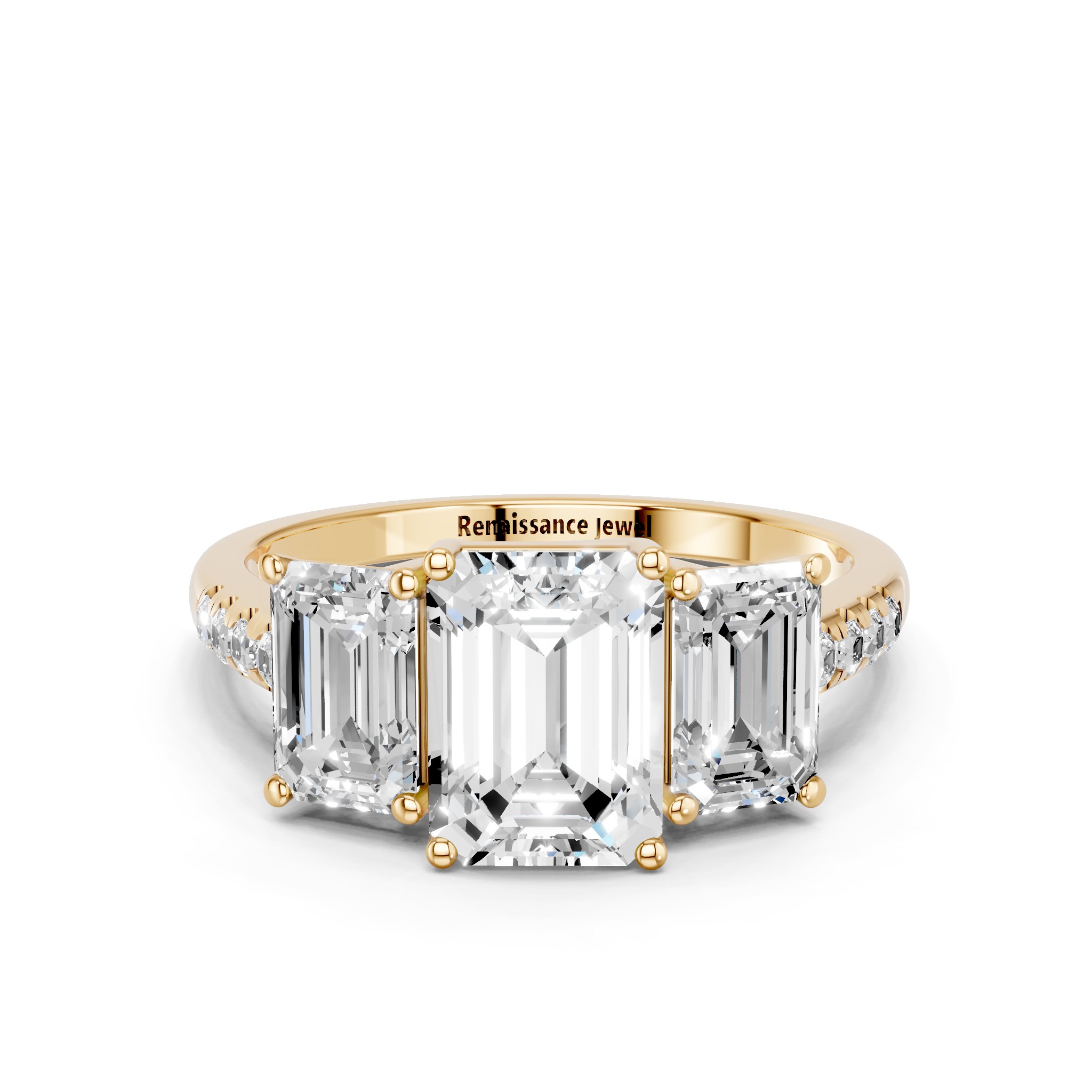 Yellow gold Three-Stone Emerald Cut Diamond Ring with Pavé Band and Prong Setting_12