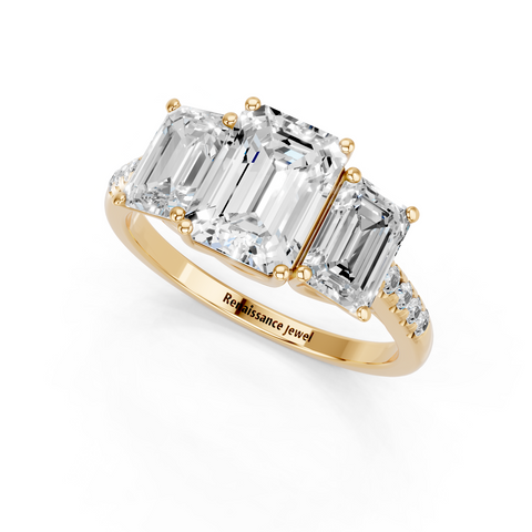 Yellow gold Three-Stone Emerald Cut Diamond Ring with Pavé Band and Prong Setting_4