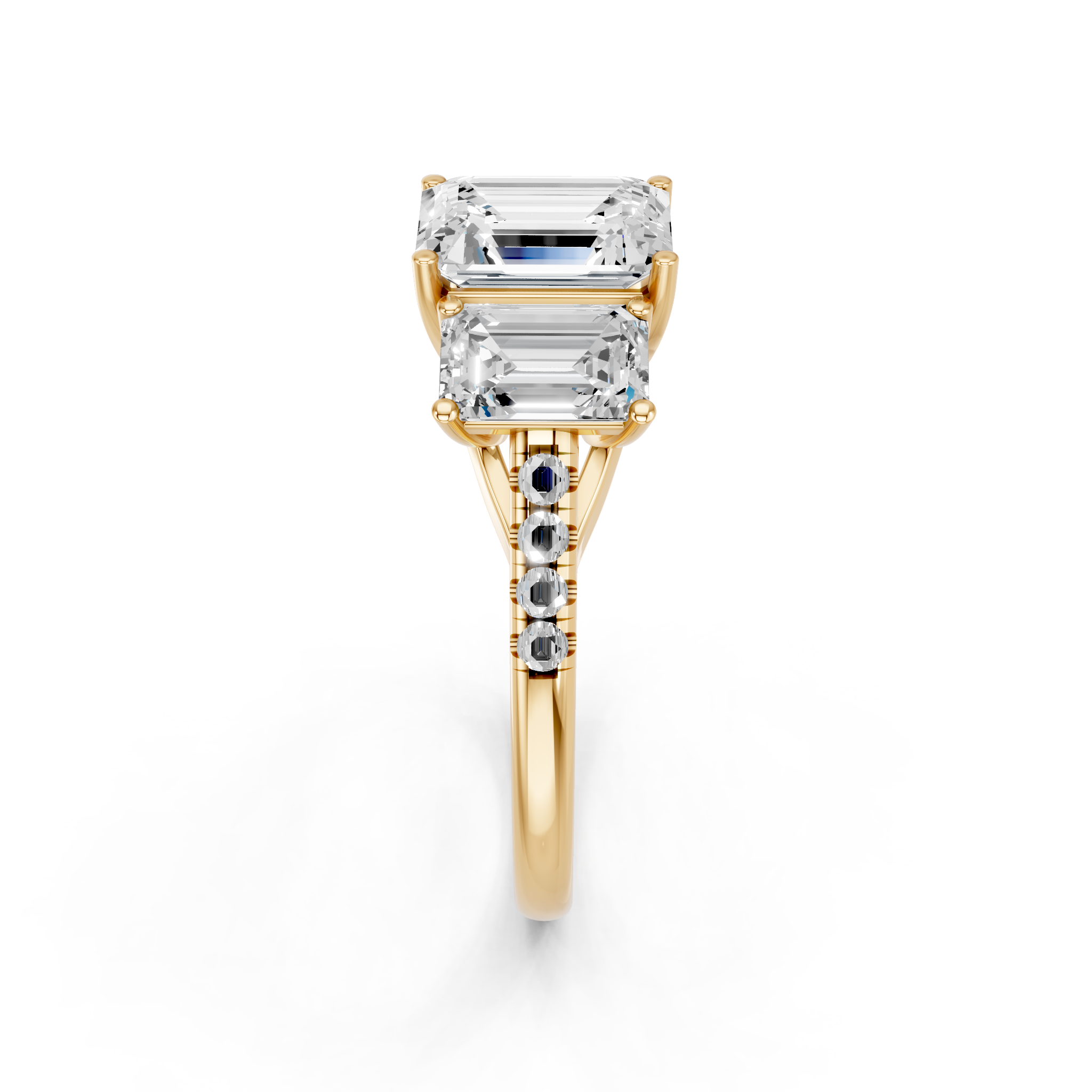 Yellow gold Three-Stone Emerald Cut Diamond Ring with Pavé Band and Prong Setting_5