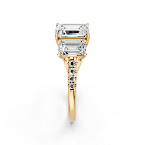 Yellow gold Three-Stone Emerald Cut Diamond Ring with Pavé Band and Prong Setting_5