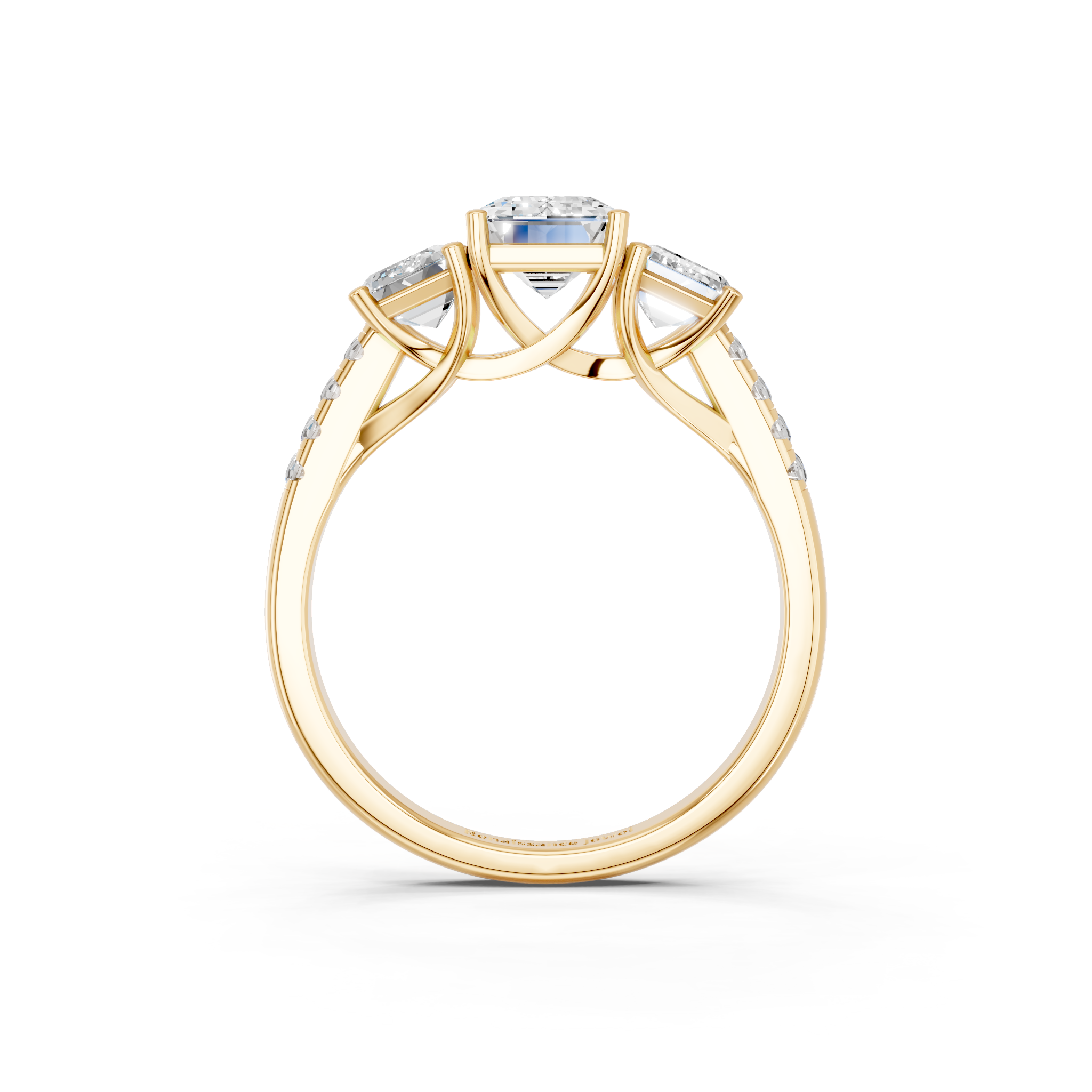 Yellow gold Three-Stone Emerald Cut Diamond Ring with Pavé Band and Prong Setting_6