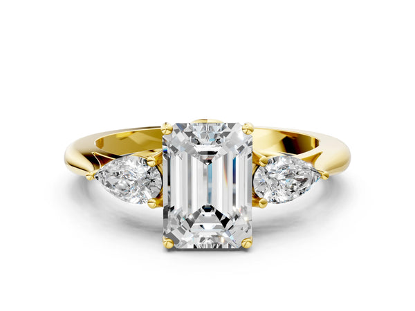 Yellow gold Three-Stone Emerald Cut Diamond Ring with Pear  Side Stones in Four-Prong Setting