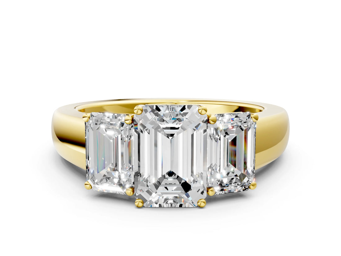 Yellow gold Three-Stone Emerald Cut Diamond Ring with Prong Setting and Classic Band_3
