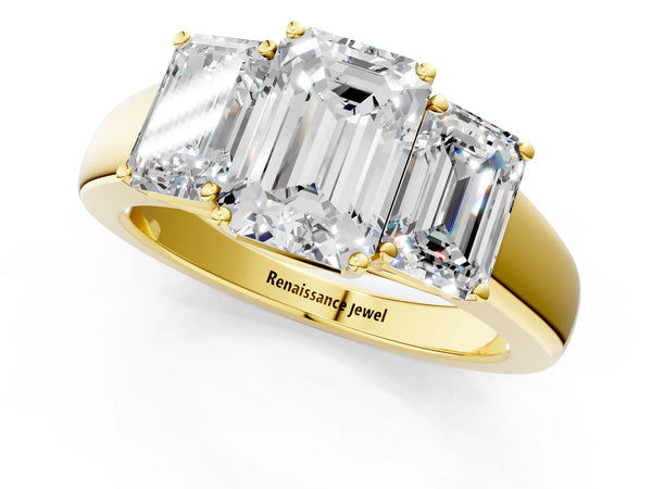 Yellow Gold Emerald Cut Three Stone Engagement Ring Setting with Touching Matching Side Stones