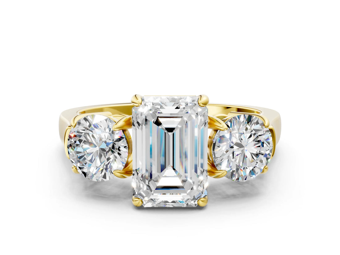 Yellow gold Three-Stone Emerald Cut Diamond Ring with Round Accent Stones, Prong Setting, and Classic Band_3